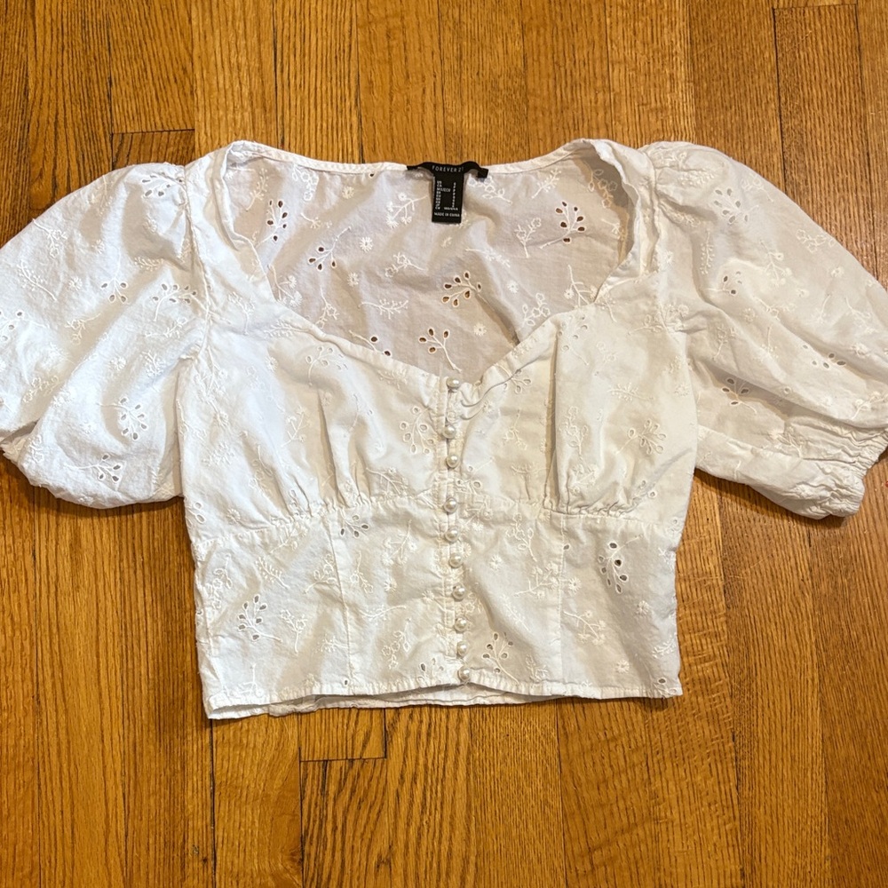 Forever 21 White Eyelet Button-Up  Crop Top